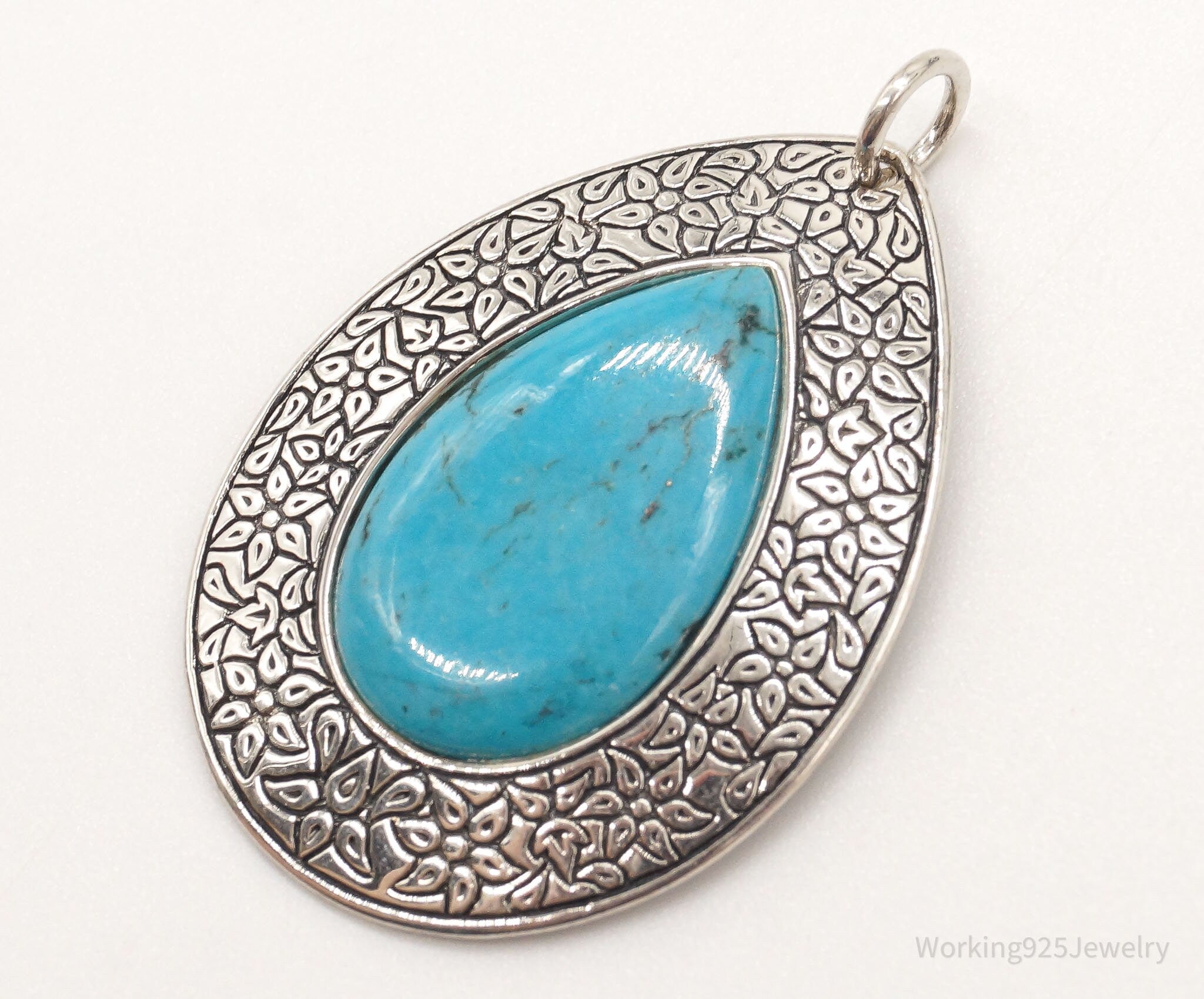 Vintage Large Turquoise Floral Etched Sterling Silver Necklace Pendant | Jewelry > Necklaces > Pendants | Wiccan Center
