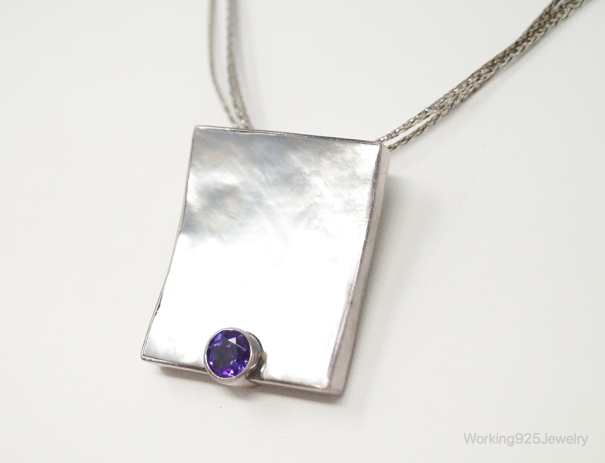 Vintage Large Mother Of Pearl Amethyst Modernist Sterling Silver Necklace | Jewelry > Necklaces > Pendants | Wiccan Center