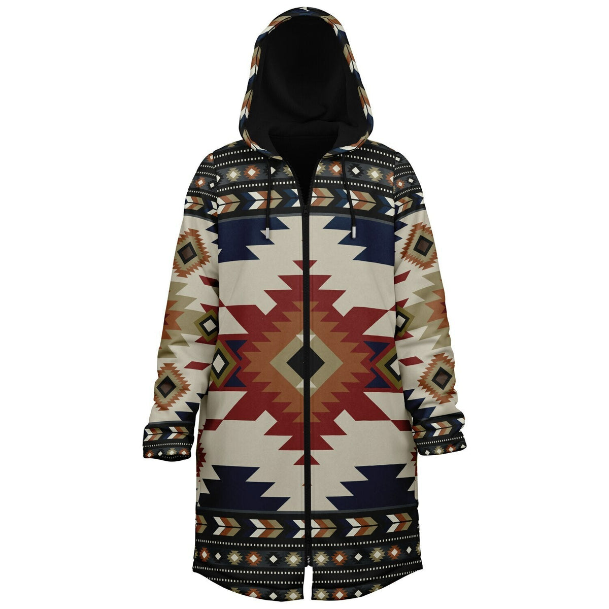 Izel Aztec Tribal Cuddle Coat | Unisex Minky Sherpa Lined Coat with Hood, Zipper and Pockets | Women and Mens Festival Coat | Mountain Fashion | Zipper Cloak - AOP | Wiccan Center