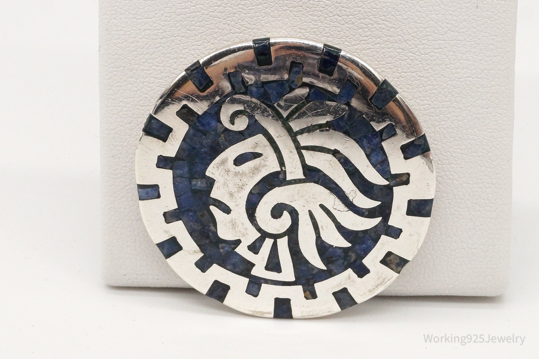 Vintage Mexico Handmade Sodalite Inlay Aztec Sterling Silver Pendant Pin | Jewelry > Necklaces > Pendants | Wiccan Center