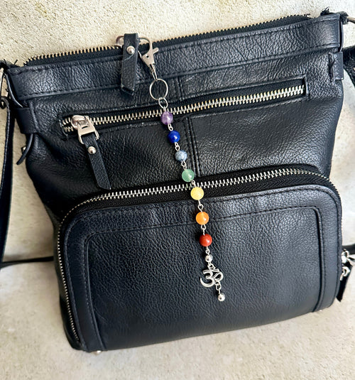 7 Chakra Crystal Gemstone Bag Charm Keychain with Silver Om | bag charm | Wiccan Center