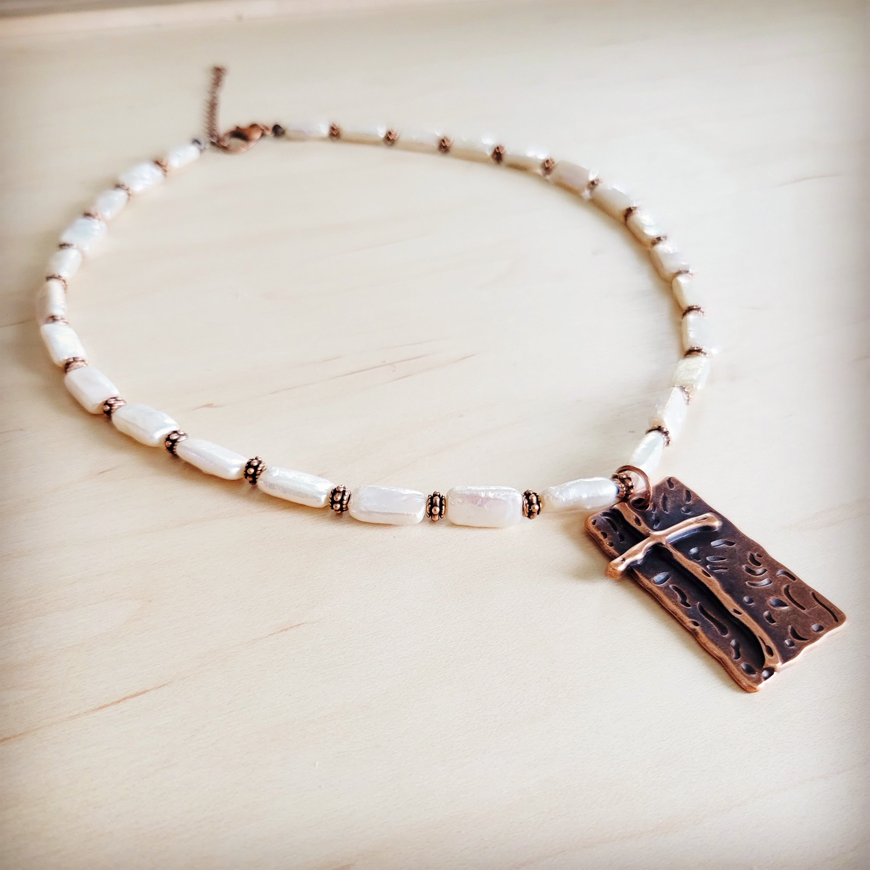 Rectangle Freshwater Pearl & Copper Necklace w/ Antique Cross Pendant 264a | Necklace | Wiccan Center