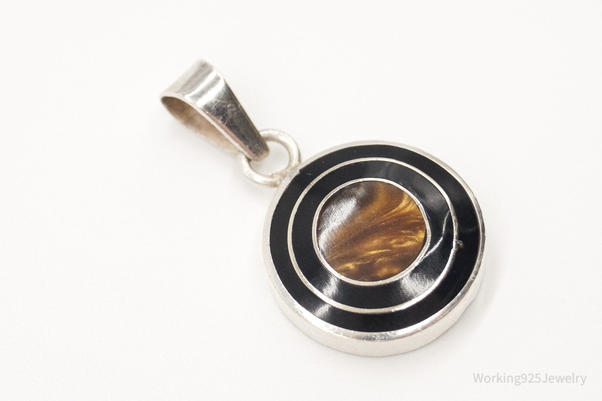 Vintage Mexico Faux Tigers Eye Black Enamel Sterling Silver Pendant | Jewelry > Necklaces > Pendants | Wiccan Center