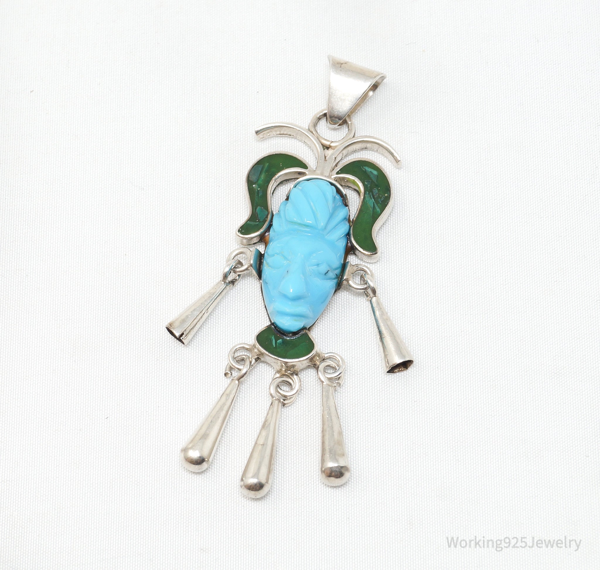 Vintage Taxco Mexican Carved Turquoise Sterling Silver Necklace Pendant | Jewelry > Necklaces | Wiccan Center