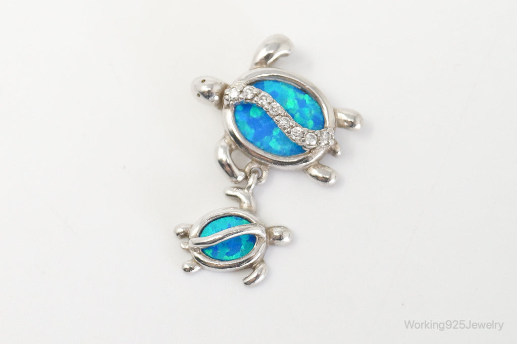 Vintage Blue Fire Opal Cubic Zirconia Sea Turtles Sterling Silver Pendant | Jewelry > Necklaces > Pendants | Wiccan Center