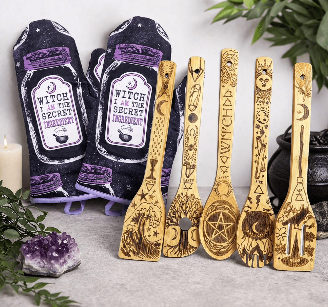 The 5 Elements Bamboo Large Kitchen Utensils Set | Kitchen | Wiccan Center