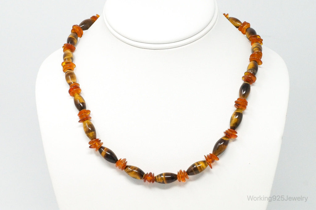 Vintage Designer GSJ Amber Tigers Eye Beads Sterling Silver Necklace | Jewelry > Necklaces > Pendants | Wiccan Center