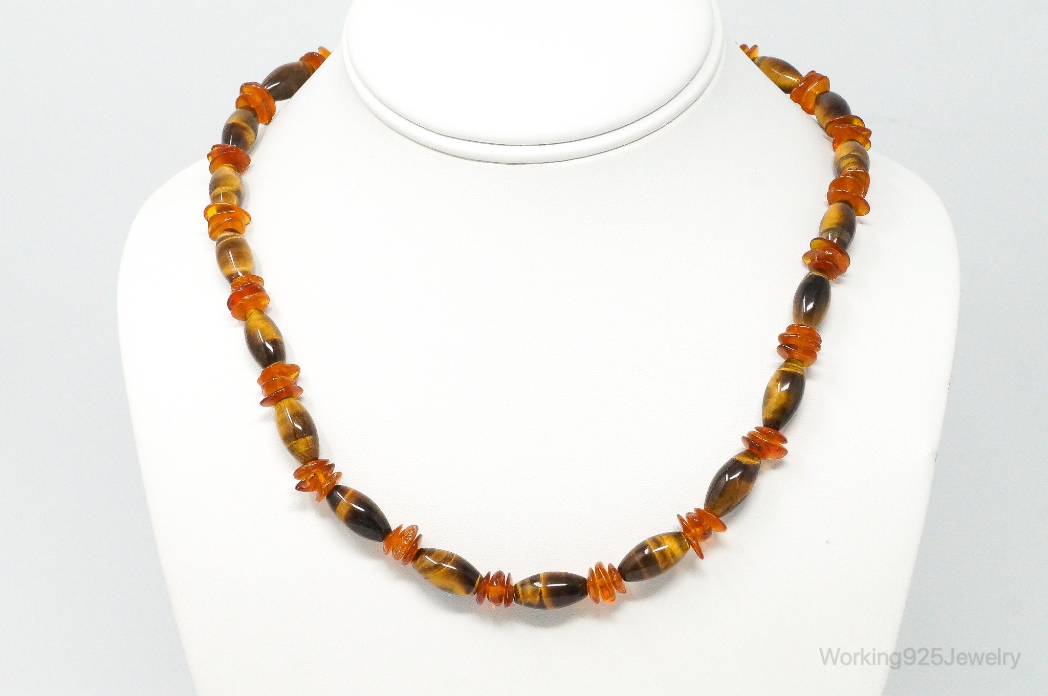 Vintage Designer GSJ Amber Tigers Eye Beads Sterling Silver Necklace | Jewelry > Necklaces > Pendants | Wiccan Center