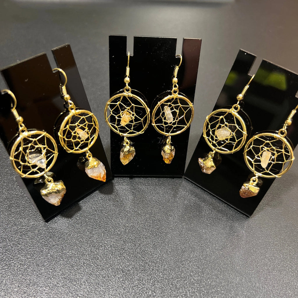 DreamCatcher Earrings Pair (Citrine Crystal)(Gold Plated)(Stainless Steel Hooks) Gemstone Jewelry Supply | Jewelry > Earrings > Dangle & Drop Earrings | Wiccan Center