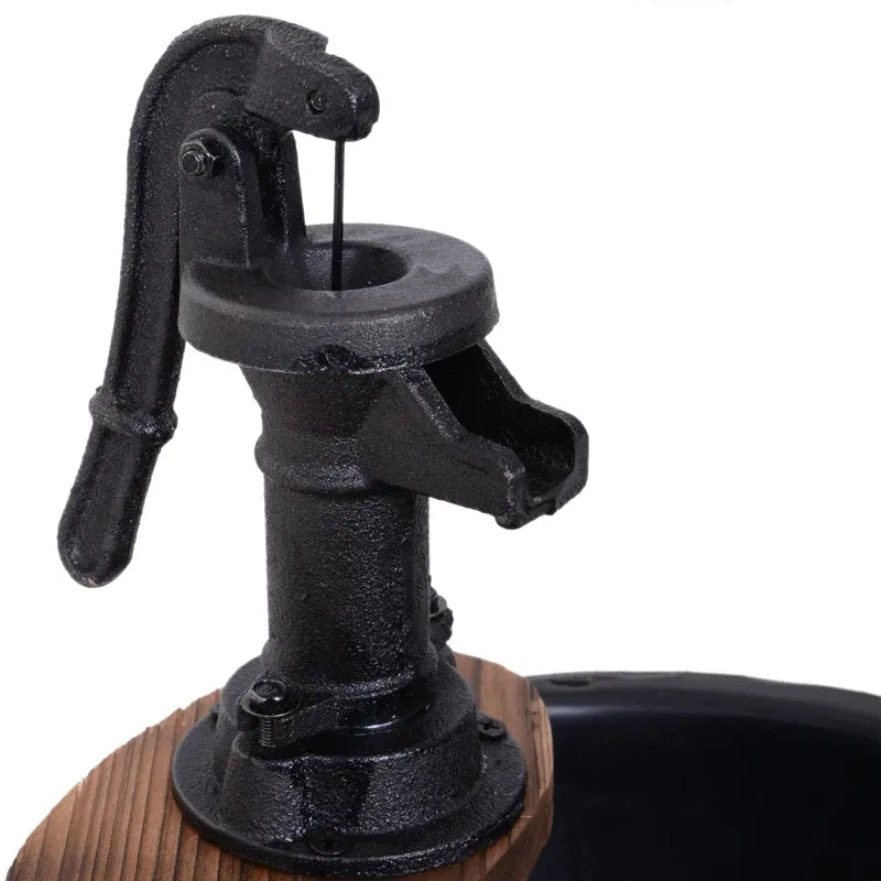 Wood and Iron Barrel Pump Fountain Planter 23 Inch | Outdoor Fountain | Wiccan Center