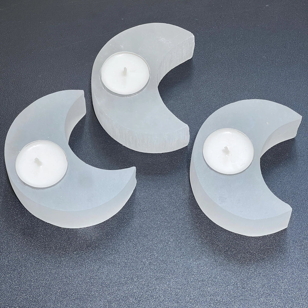 Selenite Crystal Crescent Moon Tealight Candle Carving Gemstone Home Decor | Home & Living > Home Decor > Candles & Home Fragrances > Candles > Tea Lights | Wiccan Center