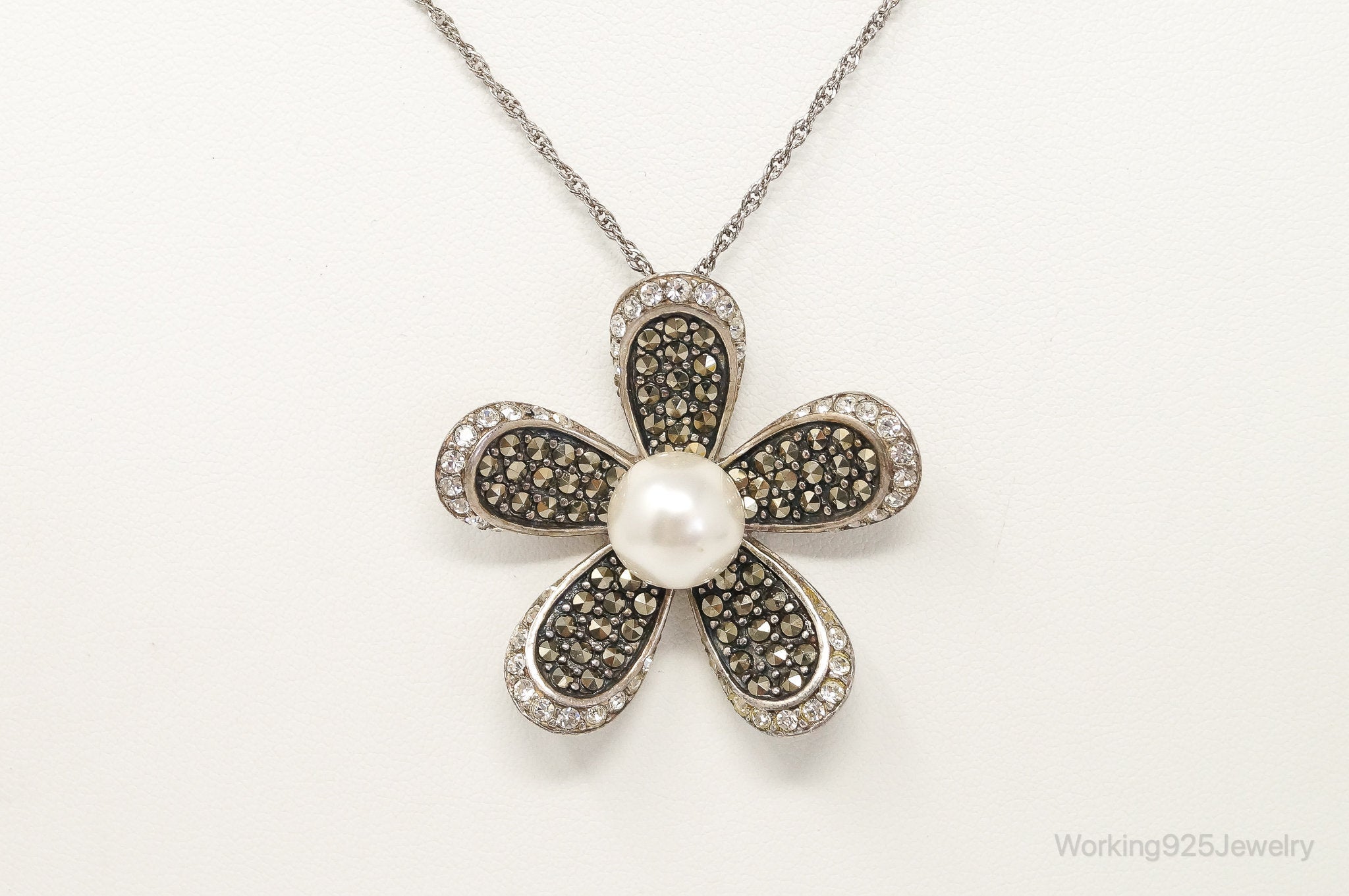 Vintage Designer SLC Pearl CZ Marcasite Sterling Silver Flower Necklace | Jewelry > Necklaces > Pendants | Wiccan Center