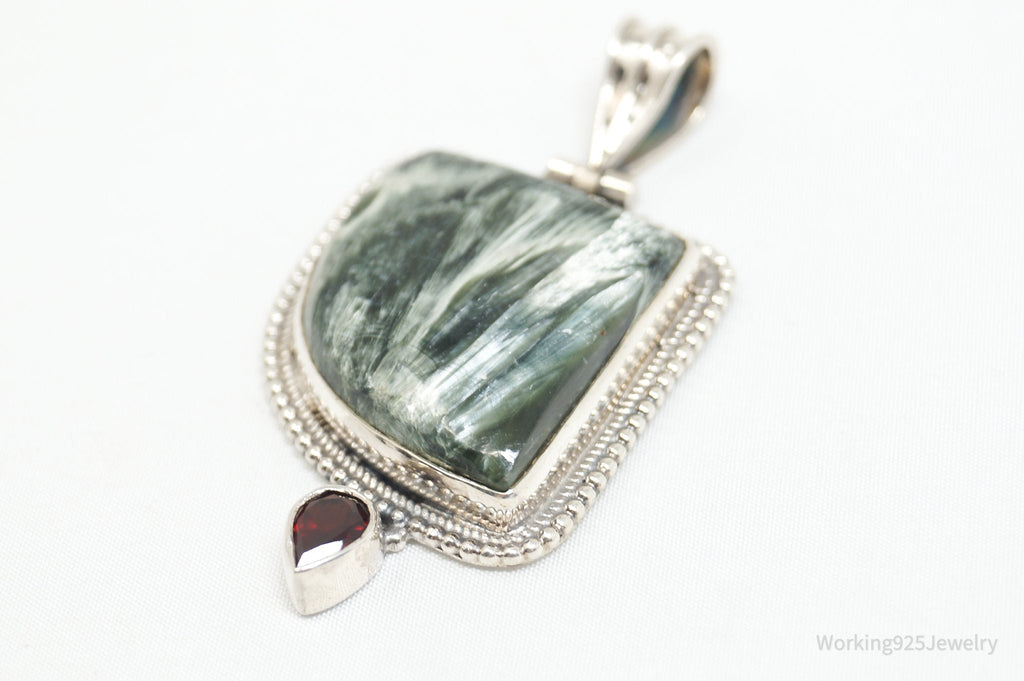Vintage Large Green Seraphinite Garnet Sterling Silver Necklace Pendant | Jewelry > Necklaces > Pendants | Wiccan Center