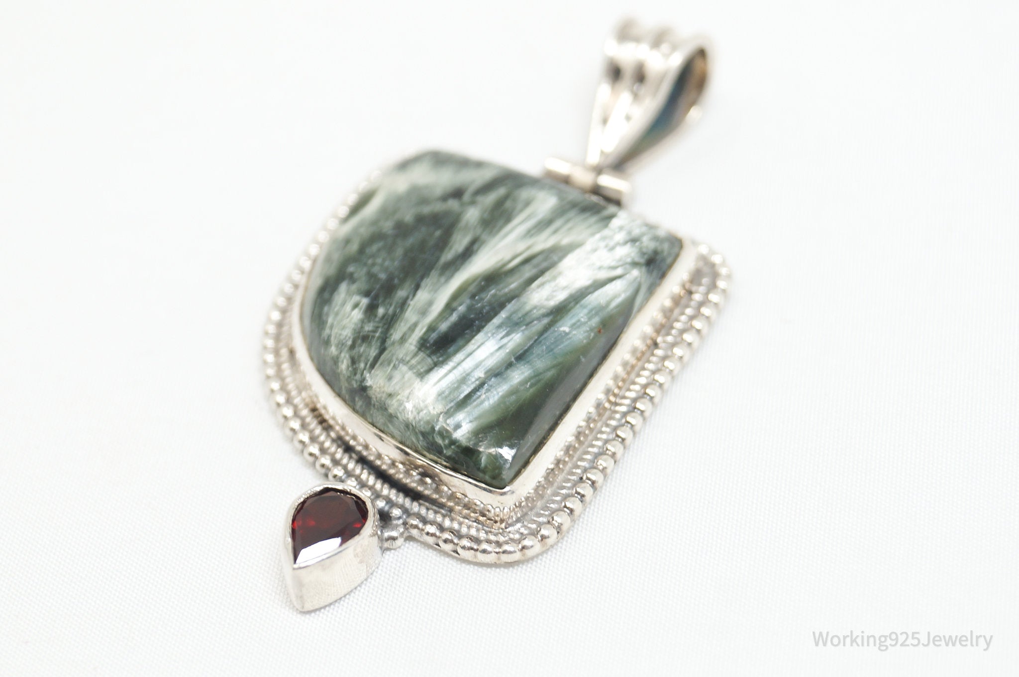 Vintage Large Green Seraphinite Garnet Sterling Silver Necklace Pendant | Jewelry > Necklaces > Pendants | Wiccan Center