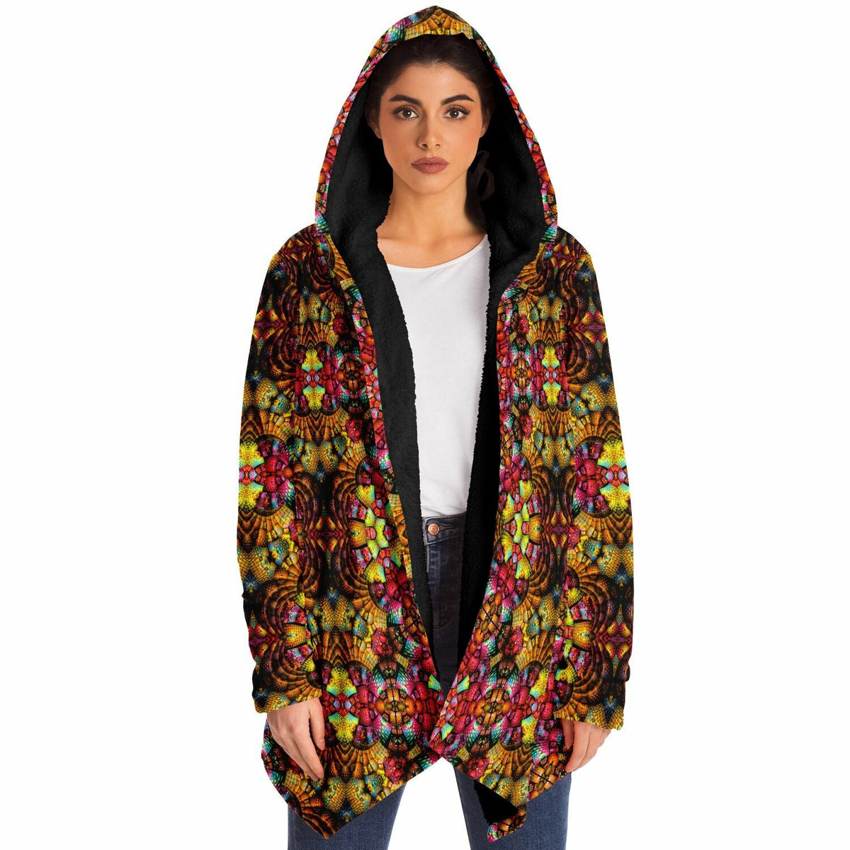 Fractal Glass Cuddle Cloak | Unisex Minky Sherpa Lined Hooded Coat | Women and Mens Festival Coat | Mountain Fashion | Microfleece Cloak - AOP | Wiccan Center