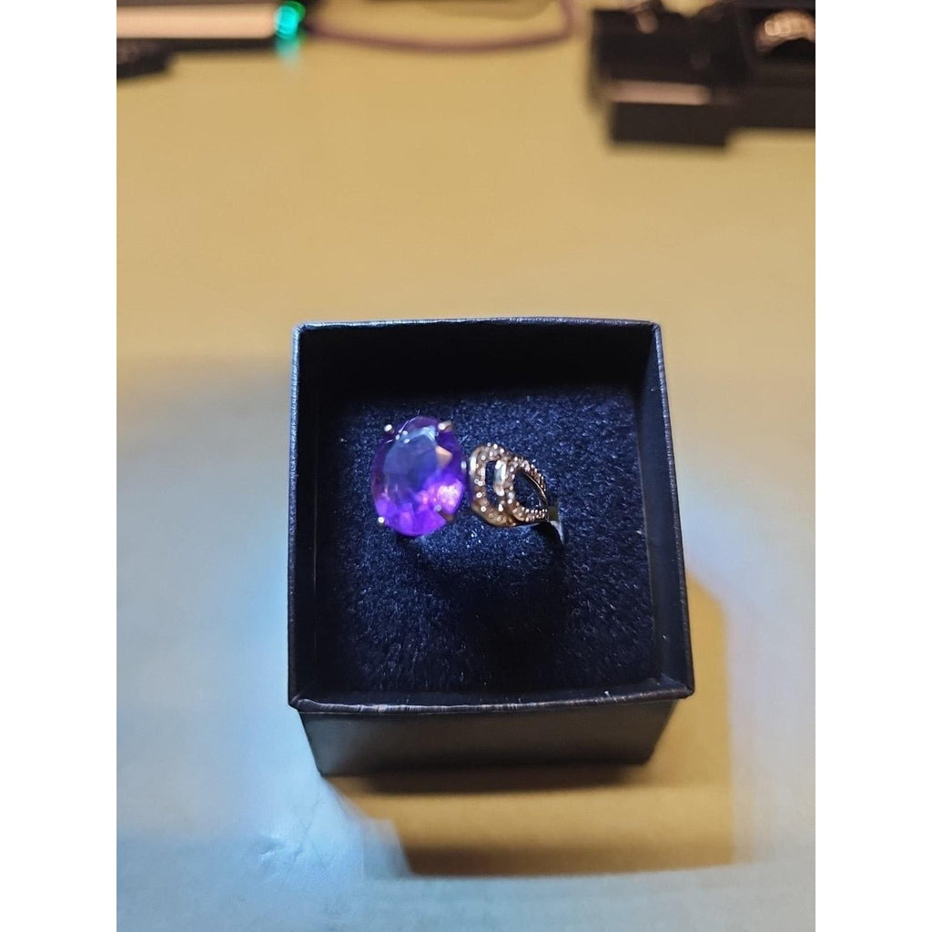 Womens 14K White Gold Platinum Finish Size 6 Ring Amethyst & Diamonds