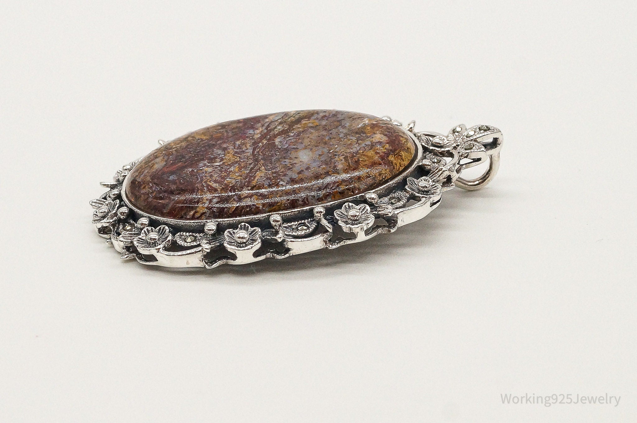 Vintage Large Designer NK Jasper Marcasite Sterling Silver Pendant | Jewelry > Necklaces > Pendants | Wiccan Center