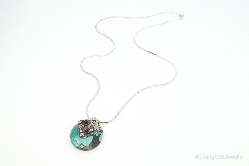 Vintage Brass Amethyst Rhodolite Garnet Turquoise Sterling Silver Necklace | Jewelry > Necklaces > Pendants | Wiccan Center