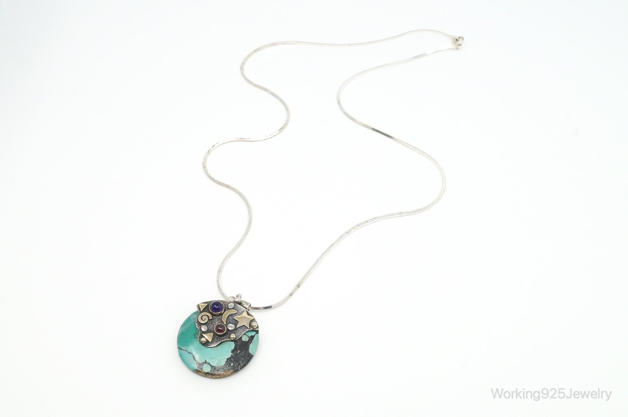 Vintage Brass Amethyst Rhodolite Garnet Turquoise Sterling Silver Necklace | Jewelry > Necklaces > Pendants | Wiccan Center
