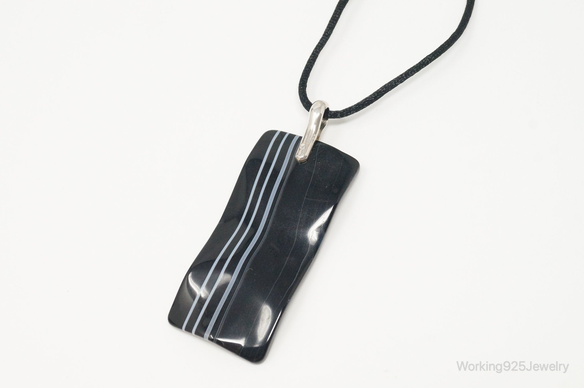Vintage Large Rectangle Glass Sterling Silver Cord Necklace | Jewelry > Necklaces > Pendants | Wiccan Center