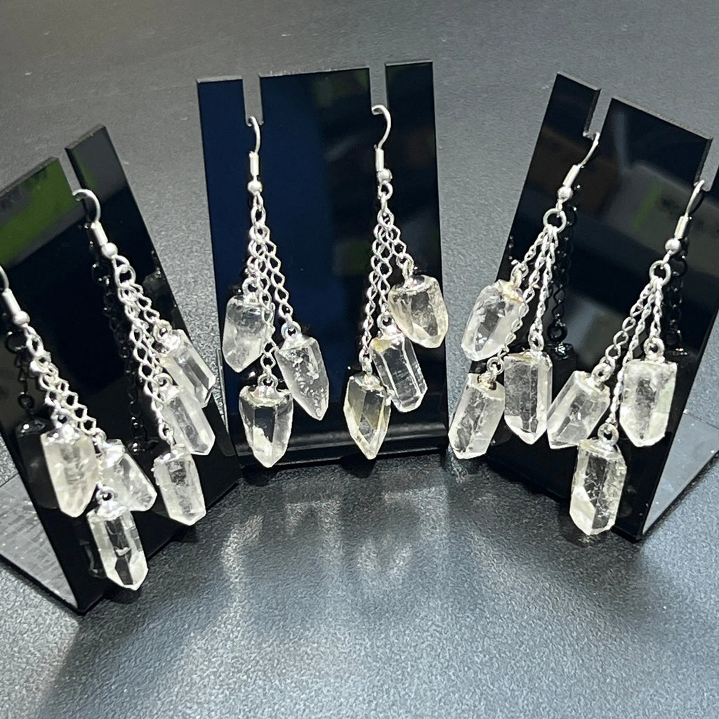 Quartz Crystal Long Earrings Pair (Silver Plated) Triple Dangle Jewelry | Jewelry | Wiccan Center
