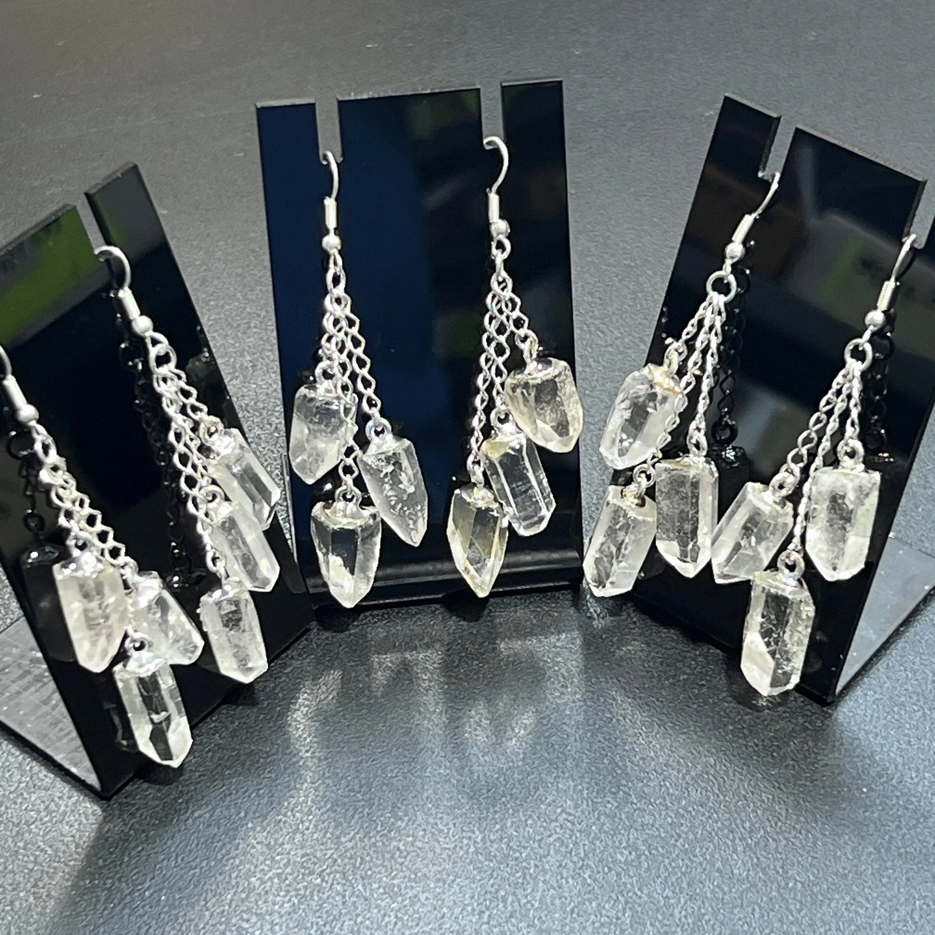 Quartz Crystal Long Earrings Pair (Silver Plated) Triple Dangle Jewelry | Jewelry | Wiccan Center
