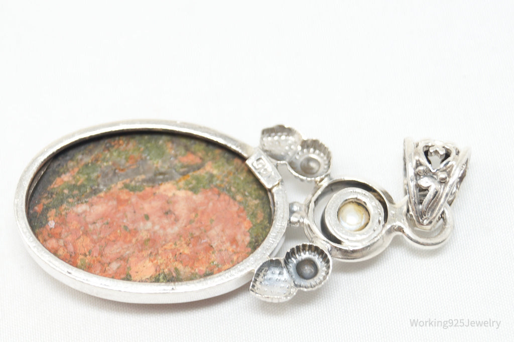 Vintage Large Green Orange Unakite Jasper Pearl Sterling Silver Necklace Pendant | Jewelry > Necklaces > Pendants | Wiccan Center