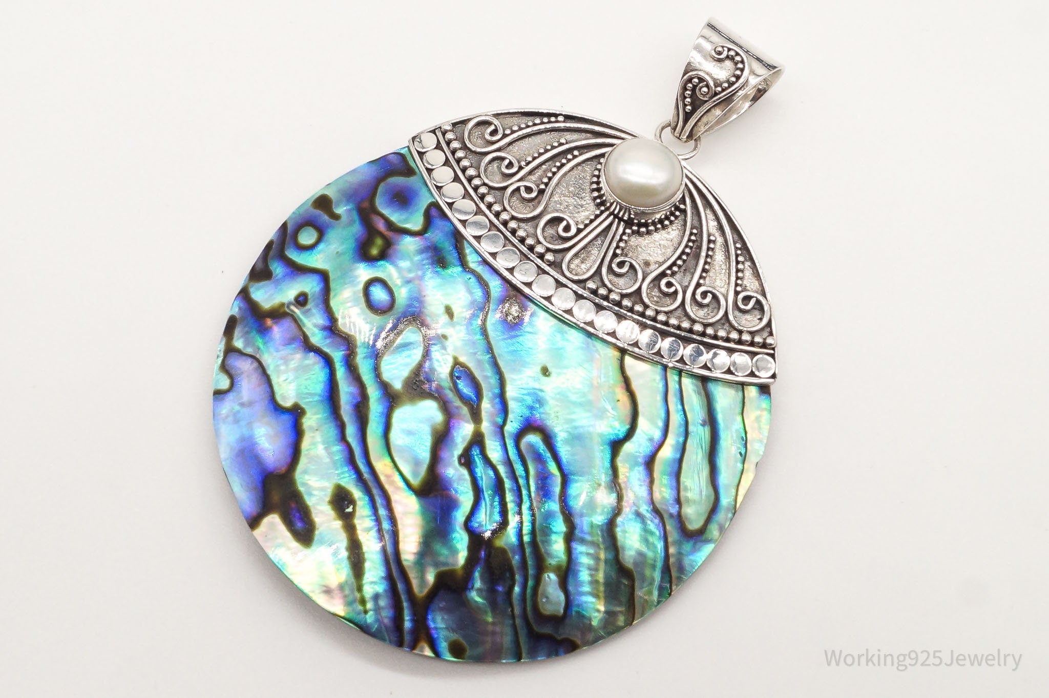 Vintage Designer Merav Large Abalone Shell Pearl Sterling Silver Pendant | Jewelry > Necklaces > Pendants | Wiccan Center