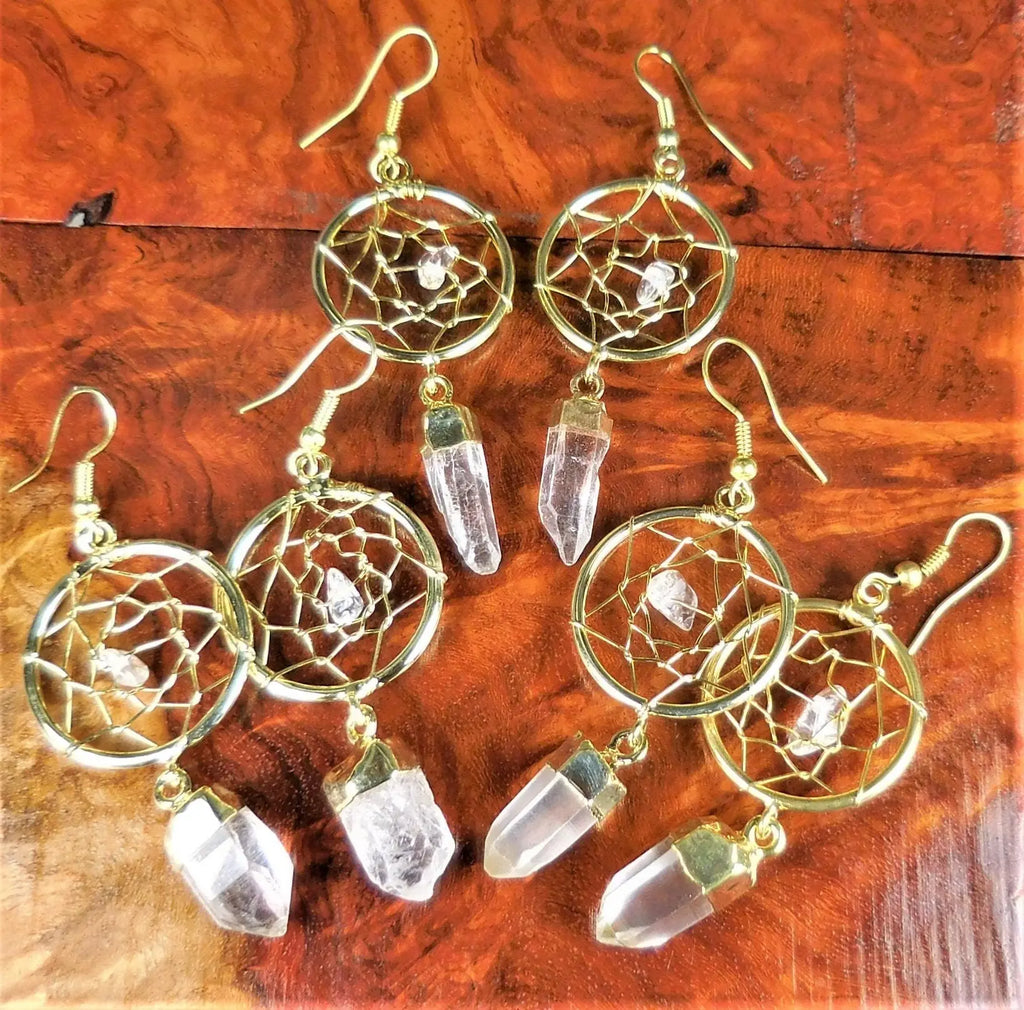 DreamCatcher Earrings Pair (Quartz Crystal)(Gold Plated)(Stainless Steel Hooks) Gemstone Jewelry Supply | Jewelry > Earrings > Dangle & Drop Earrings | Wiccan Center