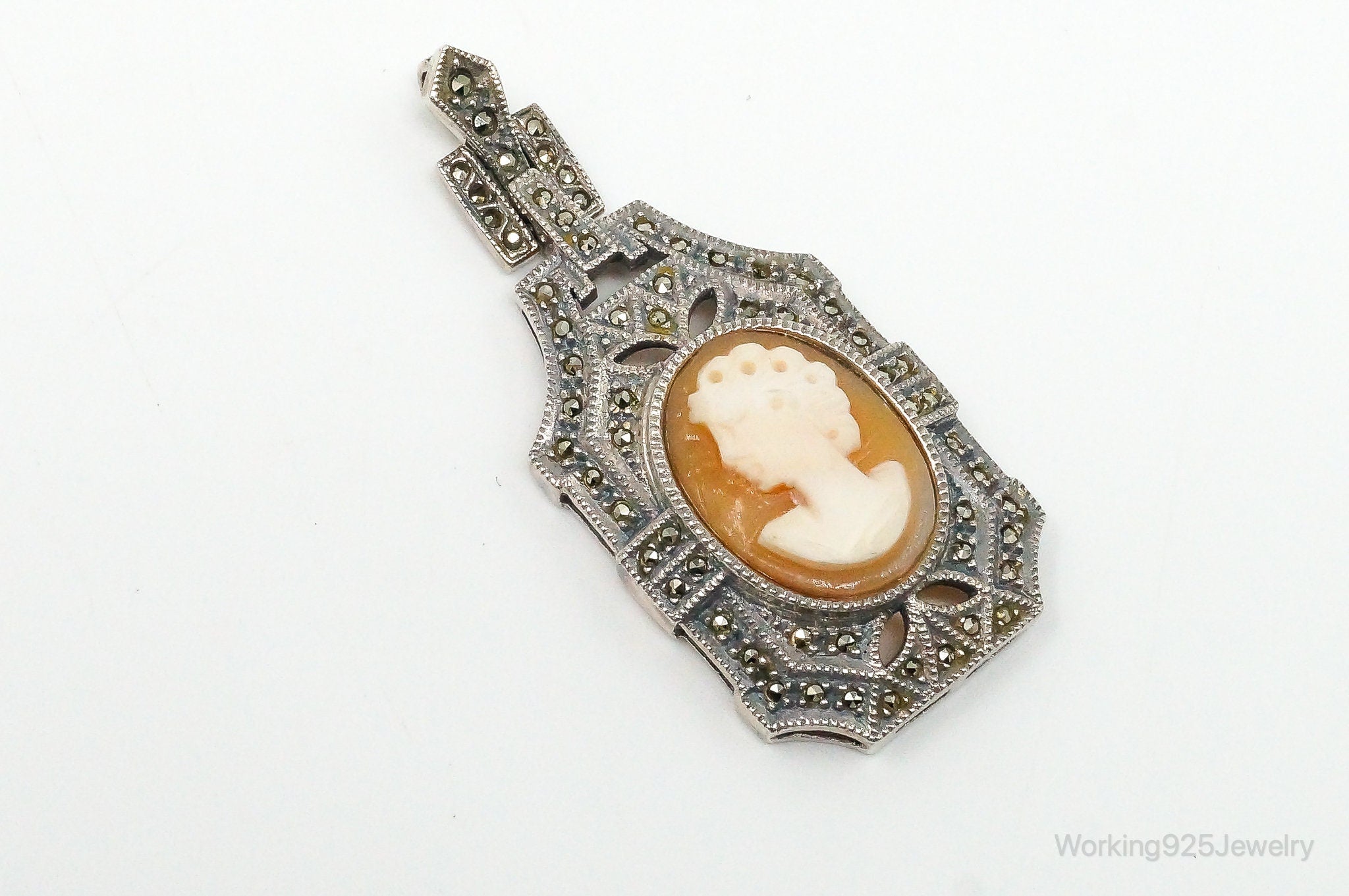 Vintage Judith Jack Carved Shell Lady Cameo Marcasite Sterling Silver Pendant | Jewelry > Necklaces > Pendants | Wiccan Center