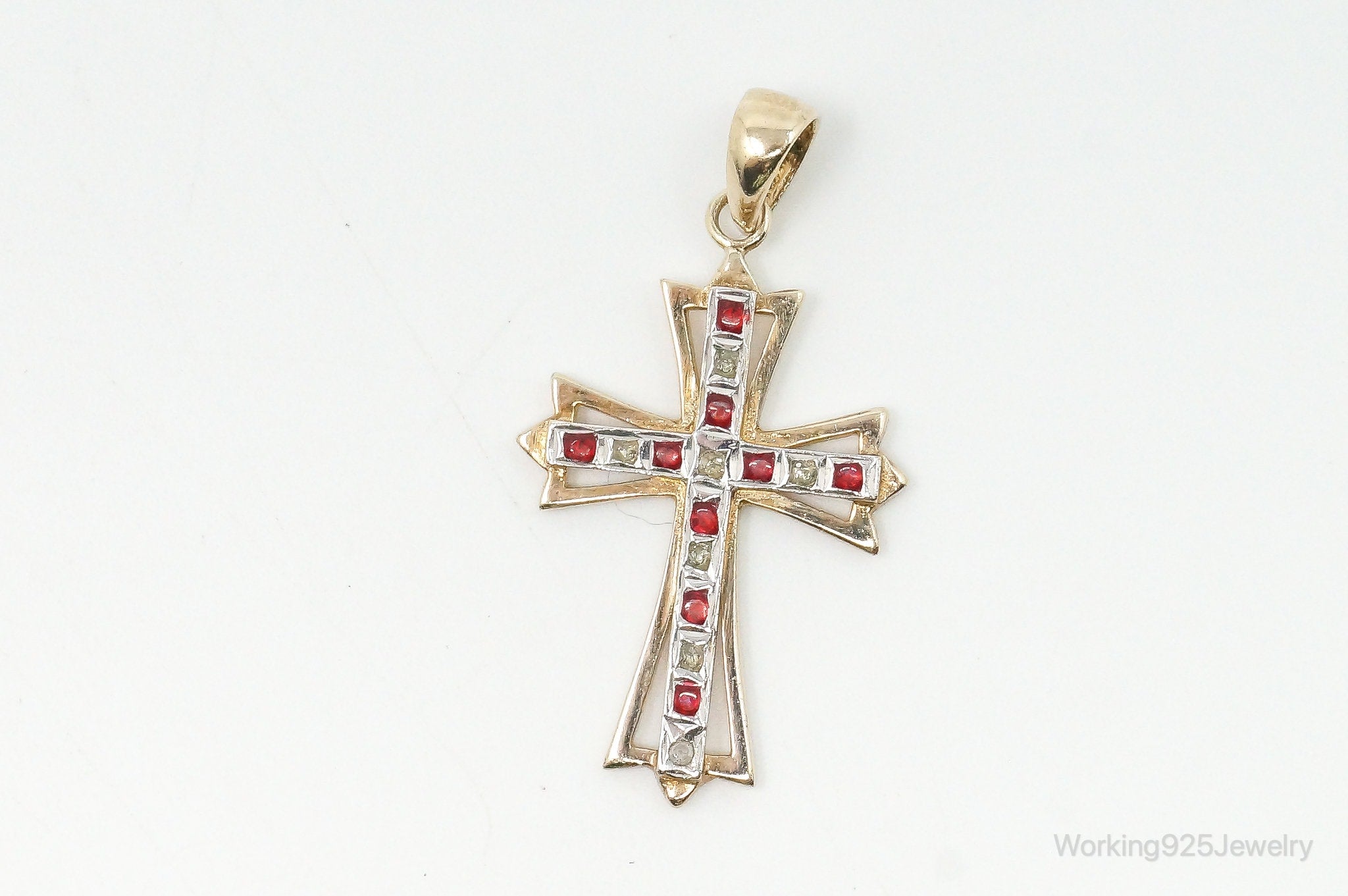 Vintage Designer SLC Ruby Rhinestone Gold Vermeil Cross Sterling Silver Pendant | Jewelry > Necklaces > Pendants | Wiccan Center
