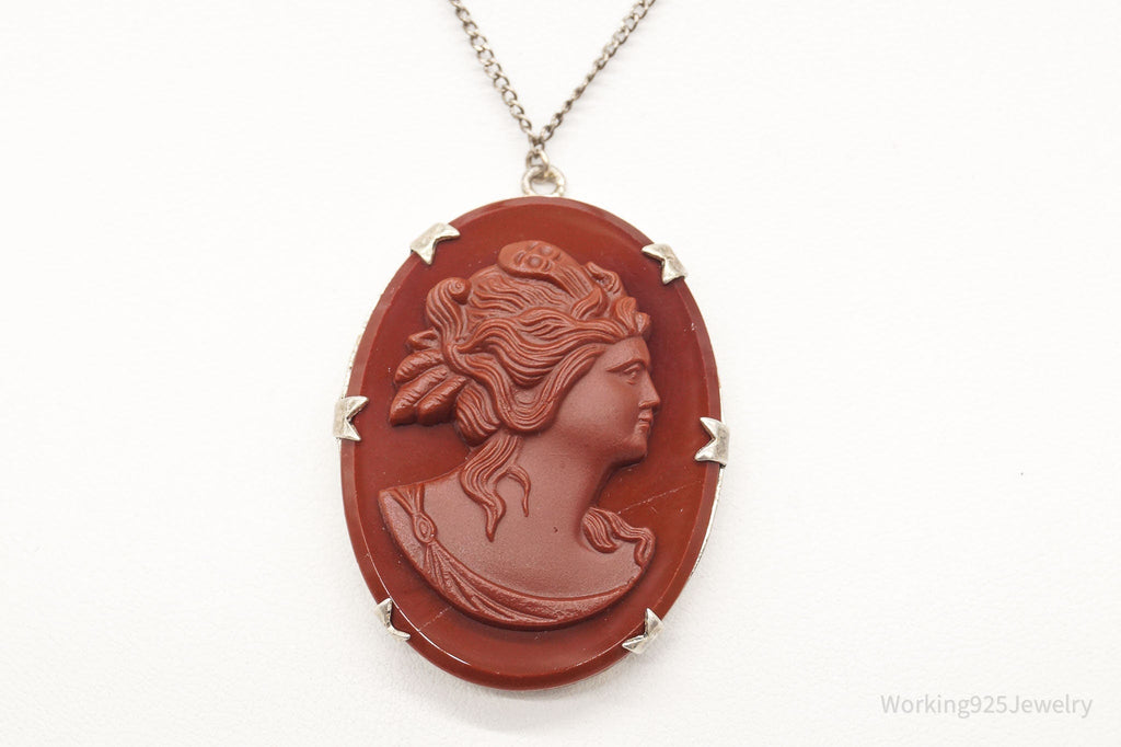 Antique Large Carved Stone Lady Cameo Sterling Silver Necklace | Jewelry > Necklaces > Pendants | Wiccan Center