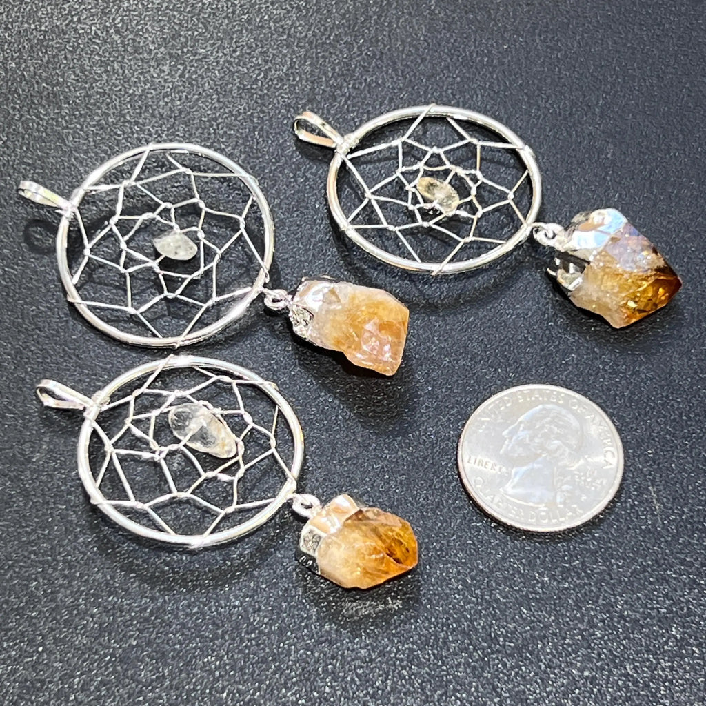 Dreamcatcher Pendant (Citrine Crystal)(Silver Plated) Gemstone Jewelry Necklace Supply | Craft Supplies & Tools > Beads, Gems & Cabochons > Charms & Pendants > Pendants | Wiccan Center