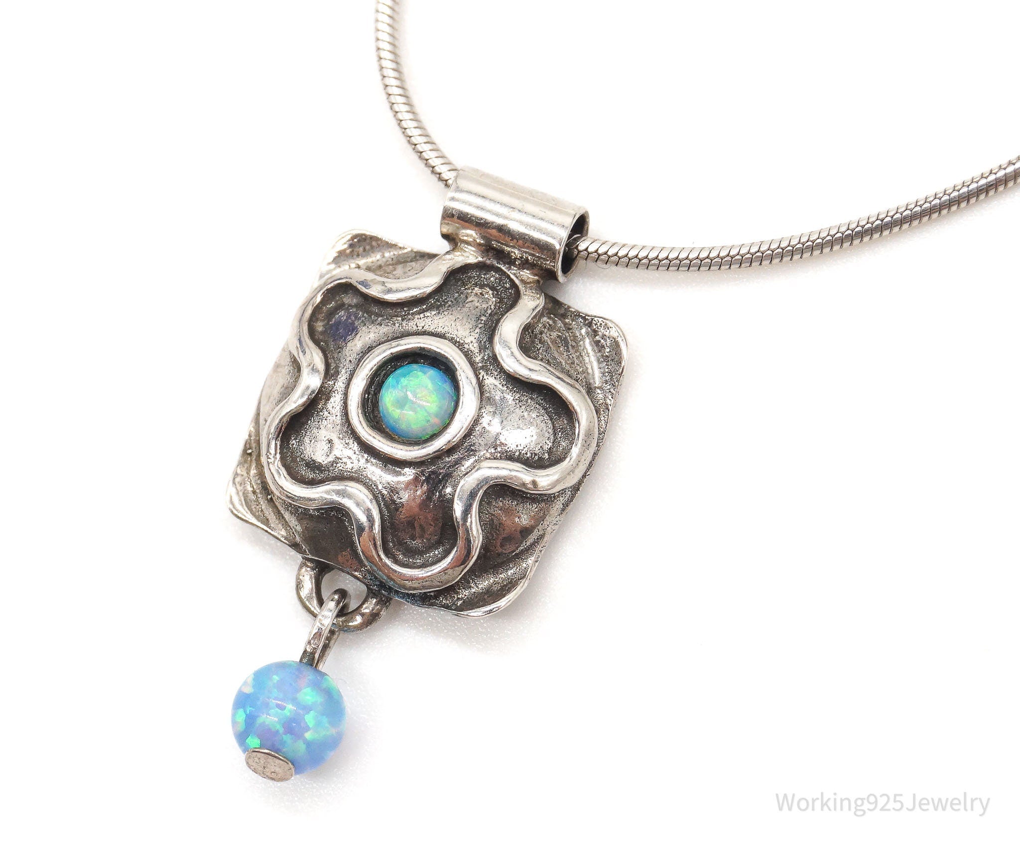 Vintage Flower Blue Fire Opal Hammered Style Sterling Silver Necklace | Jewelry > Necklaces | Wiccan Center
