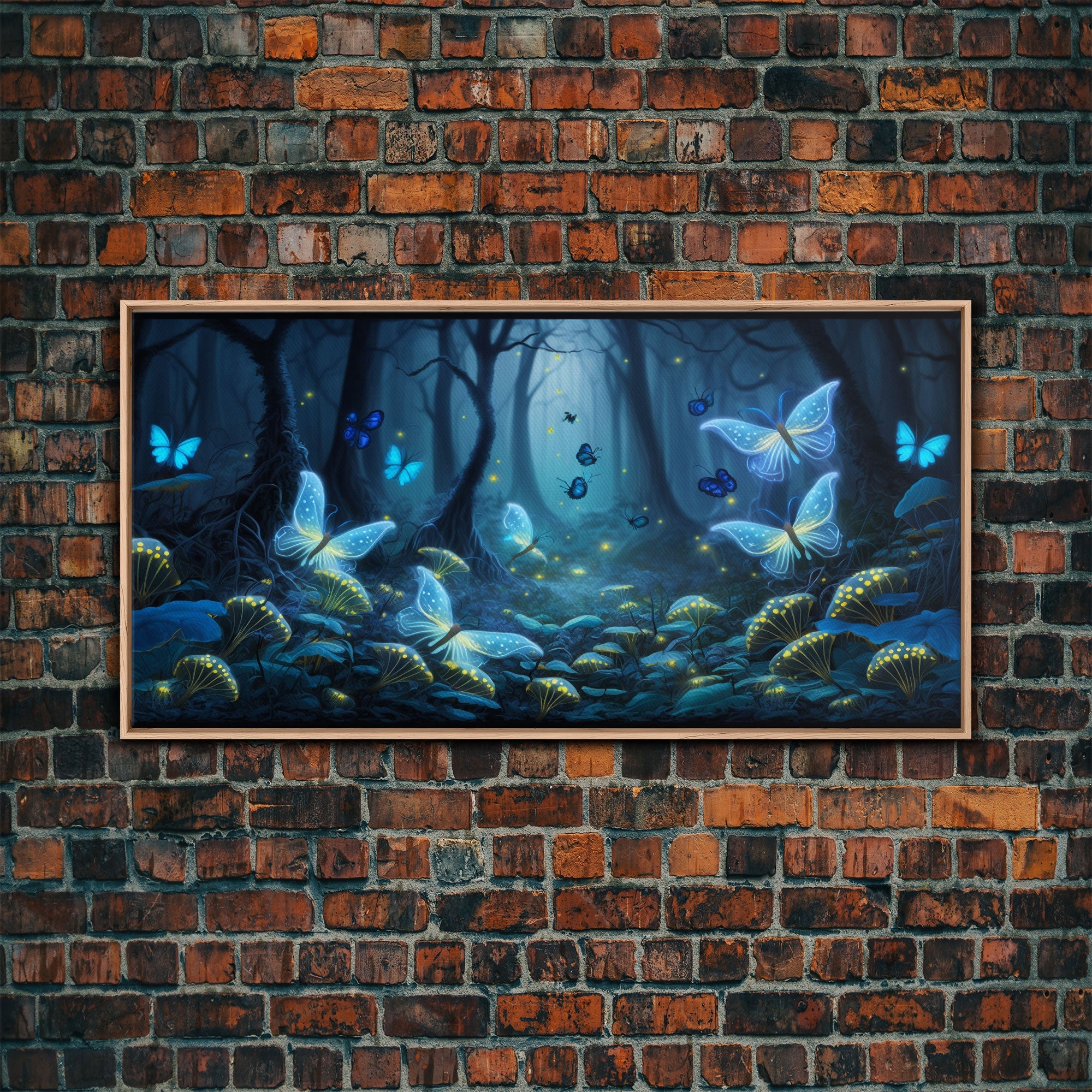 Magical Enchanted Fairy Forest, Fantasy Art, Framed Canvas Print, Bioluminescent Butterflies in an Enchanted Forest, Glowing Art | | Wiccan Center