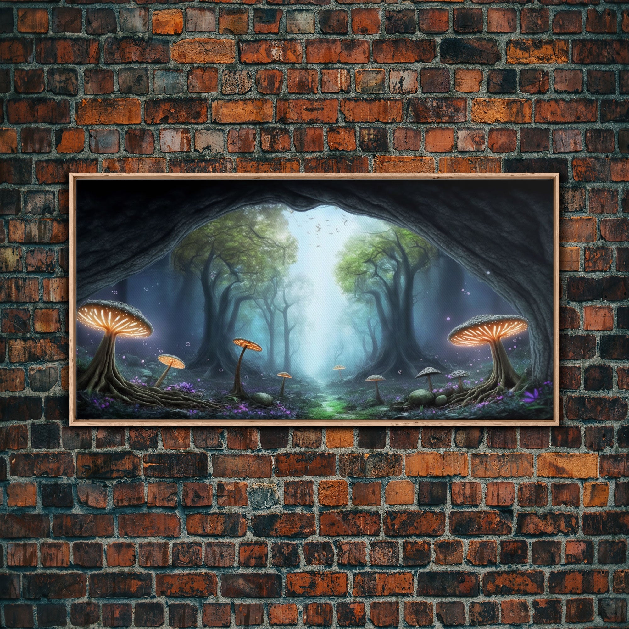 Magical Enchanted Mushroom Forest, Fantasy Art, Framed Canvas Print, Bioluminescent Butterflies in an Enchanted Forest, Glowing Art | | Wiccan Center