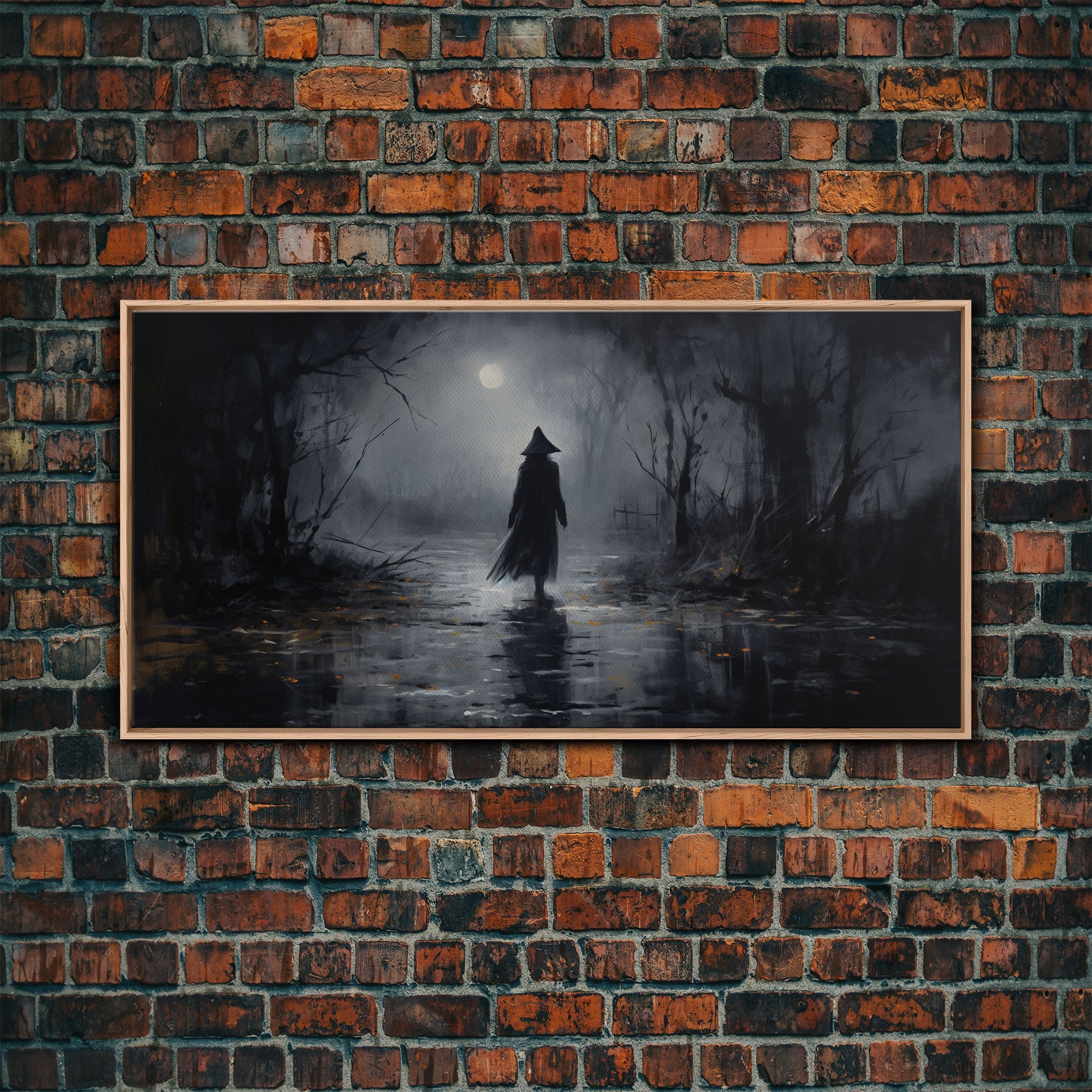 Witch Walking In The Rain Under A Full Moon, Witch Print, Framed Canvas or Poster, Victorian Oil Painting, Dark Academia, Witchcraft Decor | | Wiccan Center