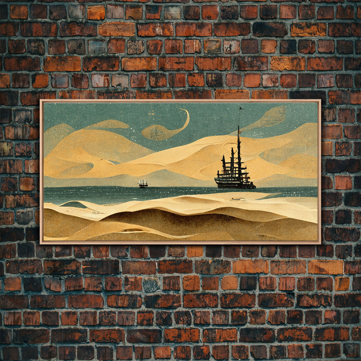 Art deco canvas print, pirate ship at sea beyond the sand dunes, living room wall art