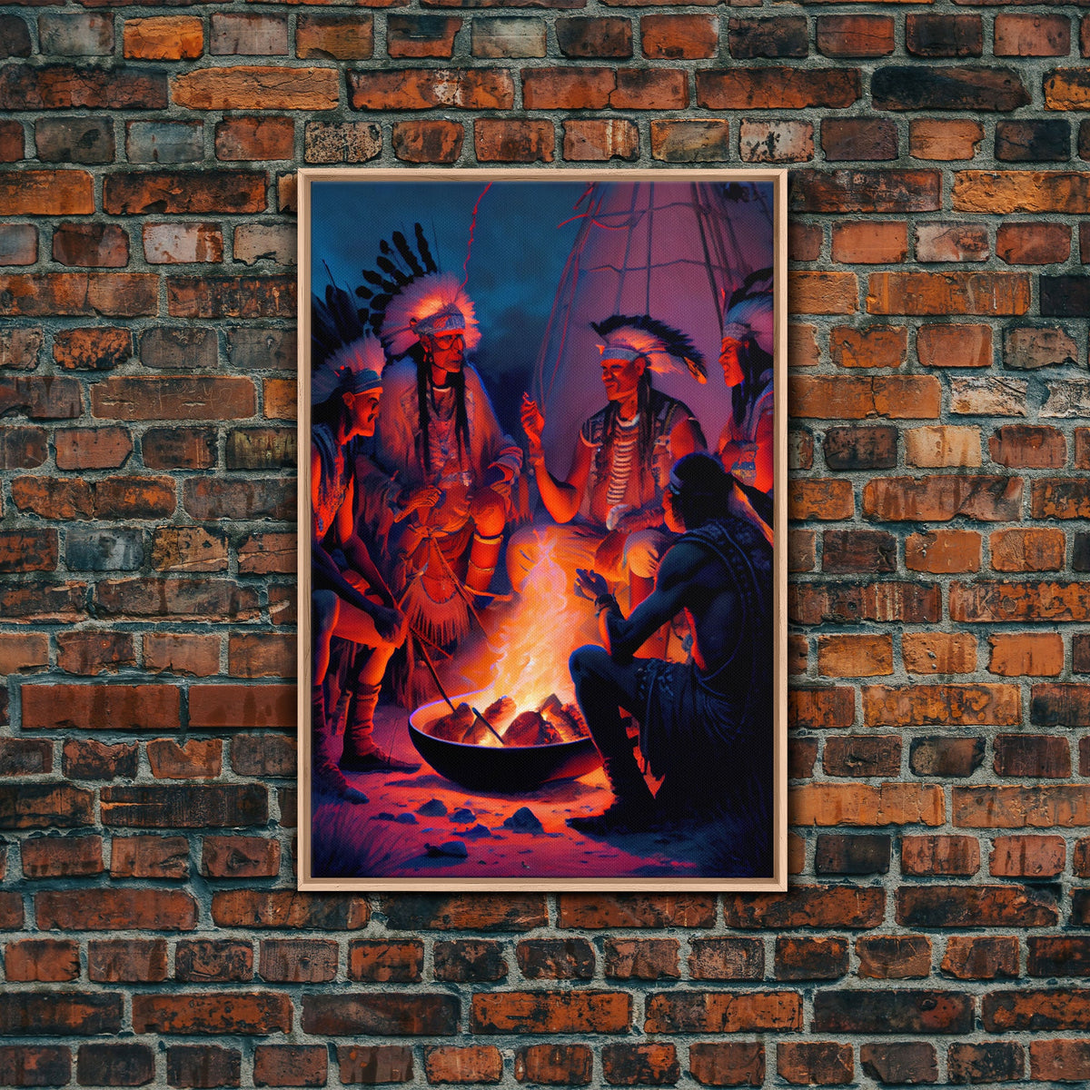 Wild West Decor, framed canvas print, Watercolor of Native Americans enjoying a campfire | | Wiccan Center
