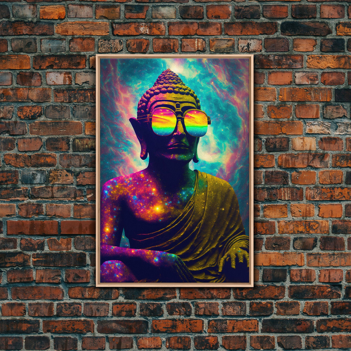 Open Your Mind, Psychedelic Buddha Wearing Aviators / Sunglasses, Meditation Art, Framed Canvas Print, Color Pop Art | | Wiccan Center
