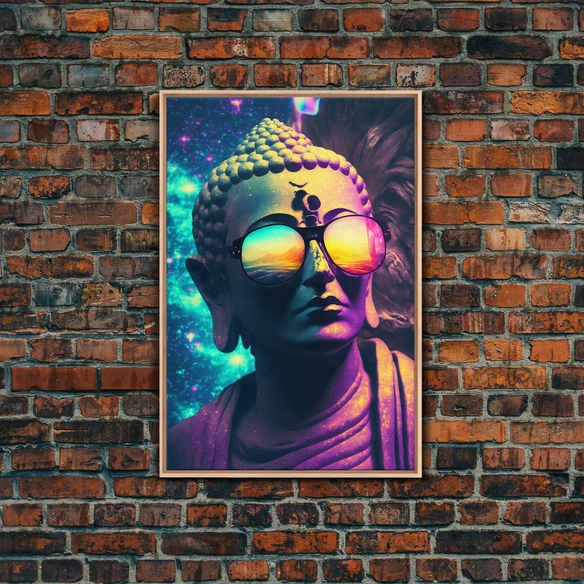 Open Your Mind, Psychedelic Buddha Statue Wearing Aviators / Sunglasses, Meditation Art, Framed Canvas Print, Color Pop Art | | Wiccan Center