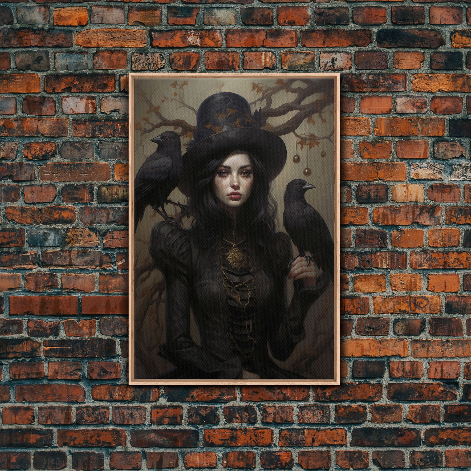 The Witch and Her Ravens, Framed Canvas, Oil Painting Print, Halloween Decor, Gothic Art, Dark Academia, Witchcraft Halloween Art | | Wiccan Center