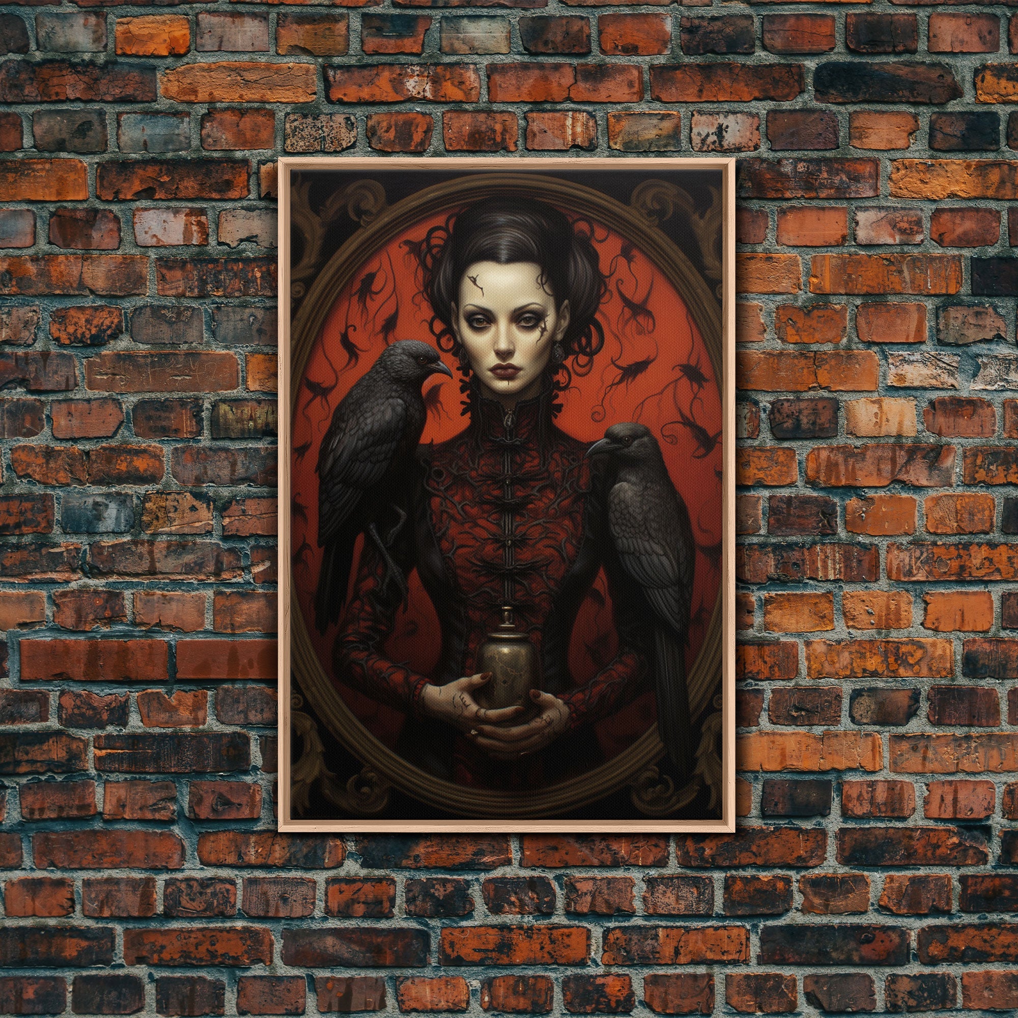 The Witch and Her Crows, Framed Canvas, Oil Painting Print, Halloween Decor, Gothic Art, Dark Academia, Witchcraft Halloween Art, Raven Art | | Wiccan Center