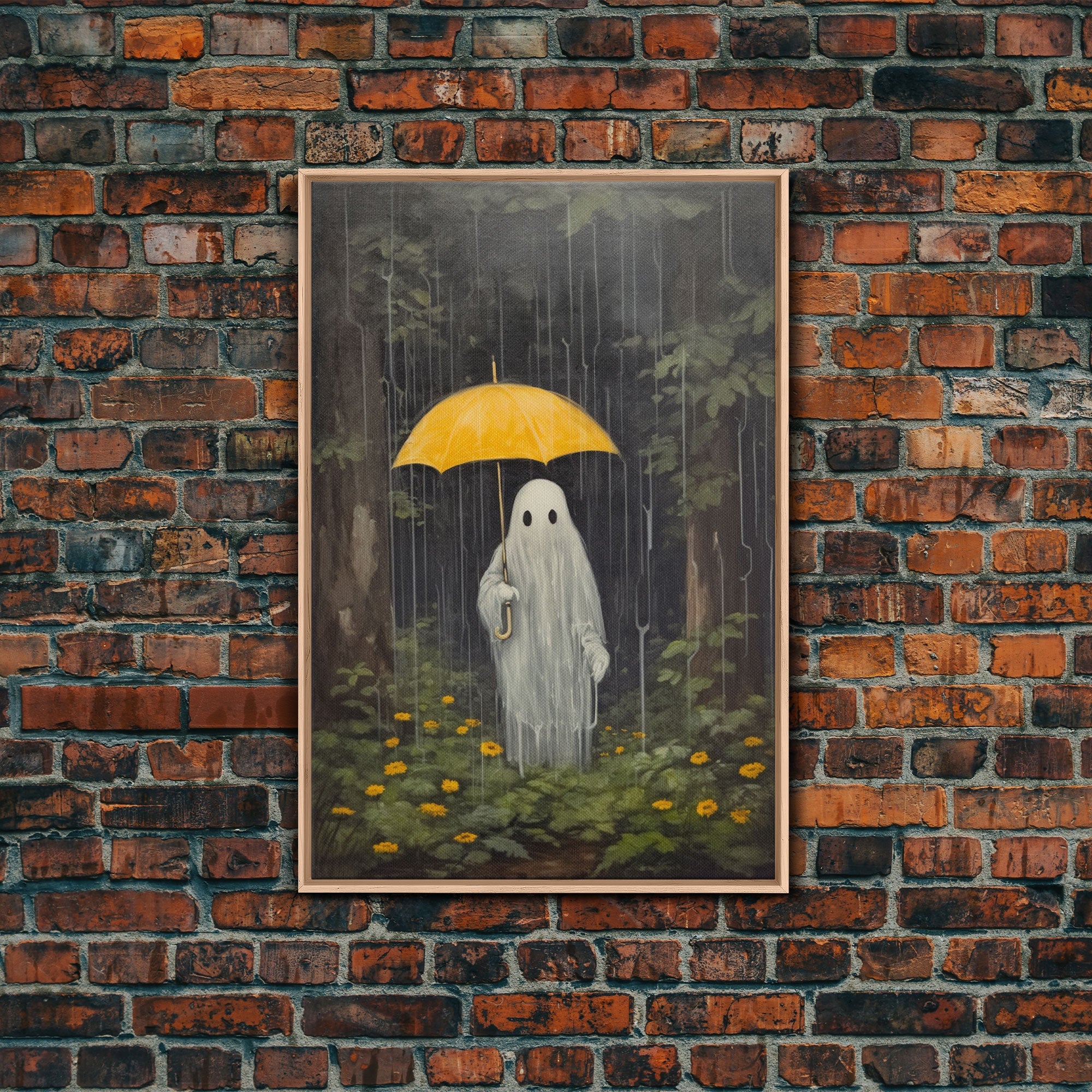 Spooky Ghost In The Rain, Vintage Halloween Art, Framed Canvas, Funny Halloween Decor, Ghost Print, Goth Art, Umbrella Ghost