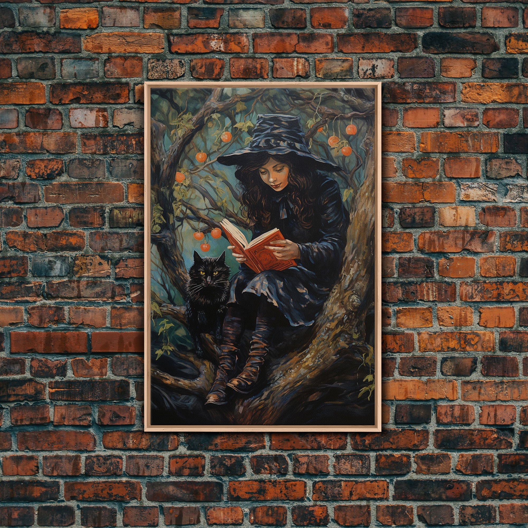 Cute Witch Reading Spells To Her Black Cat Familiar, Vintage Halloween Art, Framed Canvas Print, Halloween Canvas Art, Witchcraft | | Wiccan Center