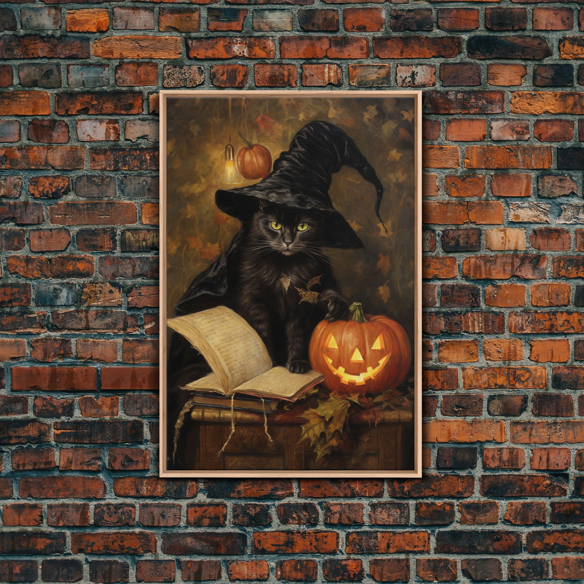 Cute Witch Cat Reading Her Book Of Spells, Vintage Halloween Art, Framed Canvas Print, Halloween Canvas Art, Witchcraft | | Wiccan Center