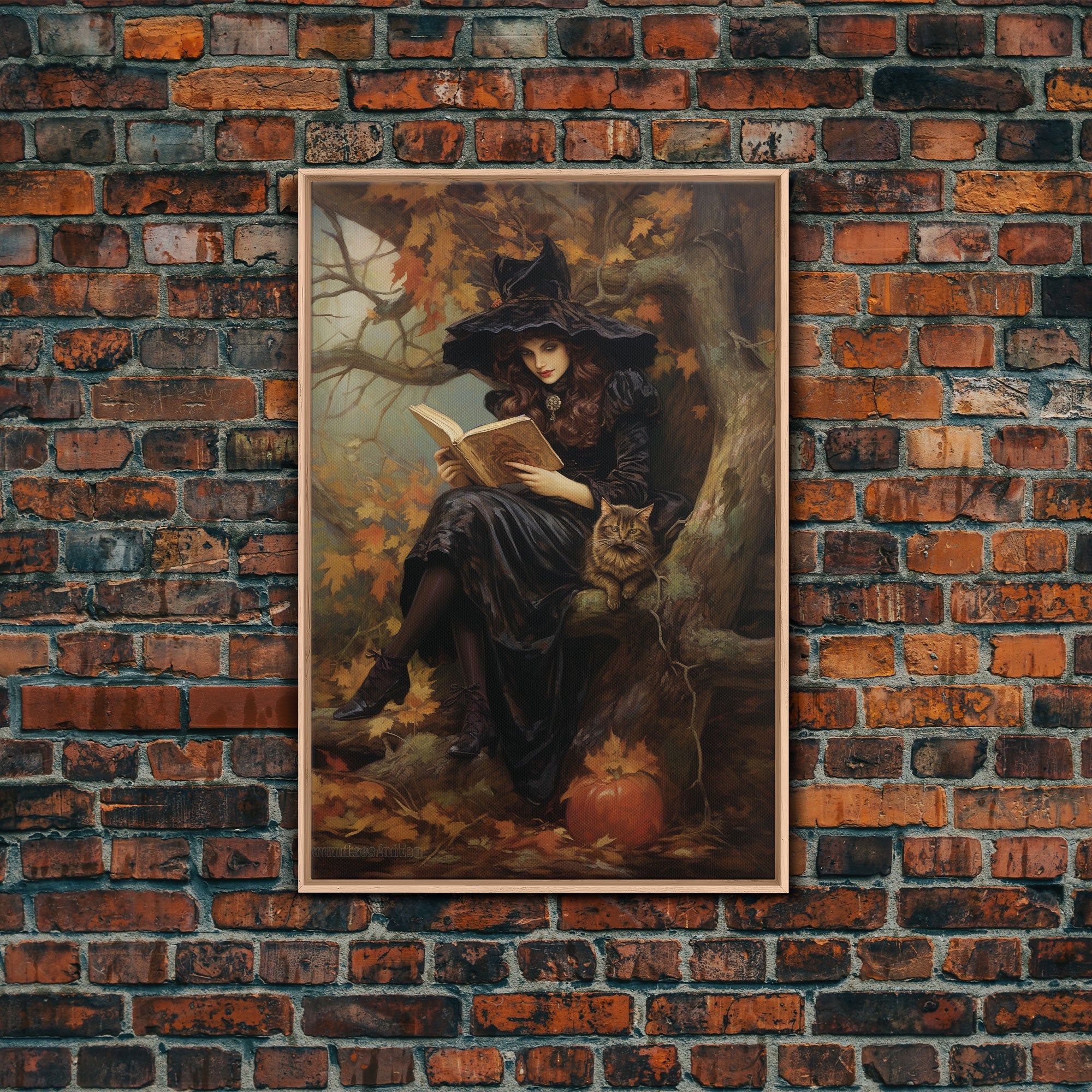Pretty Witch Reading Spells To Her Black Cat Familiar, Vintage Halloween Art, Framed Canvas Print, Halloween Canvas Art, Witchcraft | | Wiccan Center
