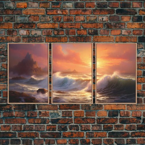 3 Piece Art Set, Seascape Painting Canvas Print, Beach House Decor, Sunset Painting, Original Painting, Boho Style Living Room Art | | Wiccan Center