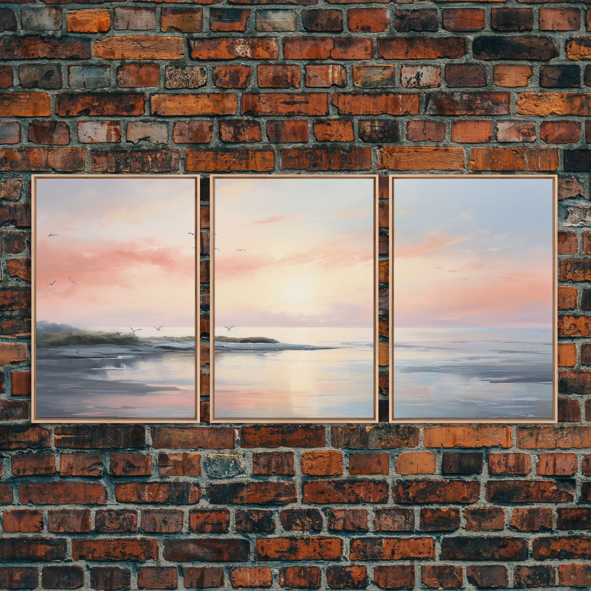 Pink Abstract Coastal Painting Canvas Print Wall Art Vintage Beach Print Girly Apartment Decor Seascape Print, 3 Piece Wall Art, Boho Decor