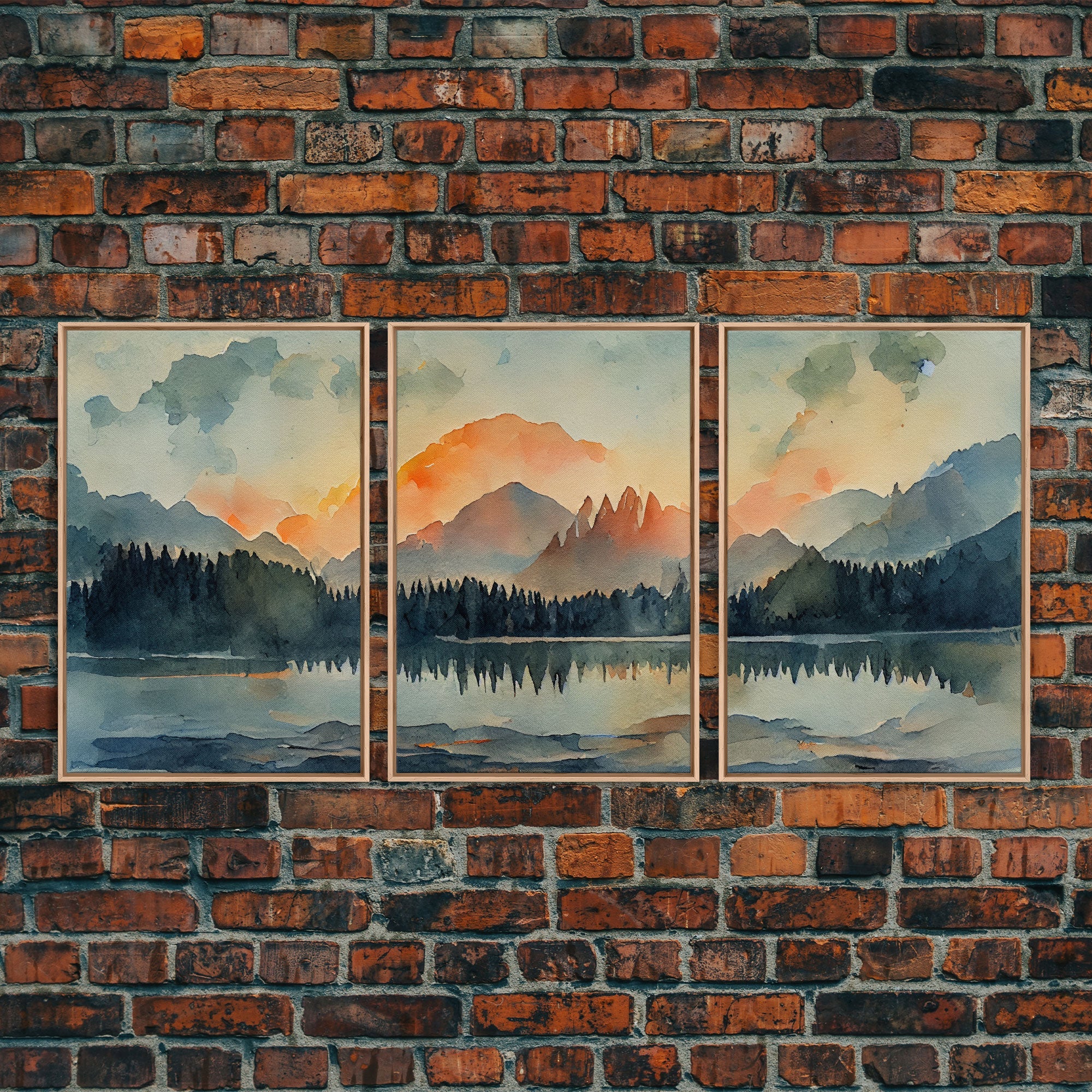 A Forest Fire, 3 Piece Canvas Wall Decor, Ready To Hang Canvas Prints, Watercolor, Orange Landscape Sunset Art, Canvas Wall Decor
